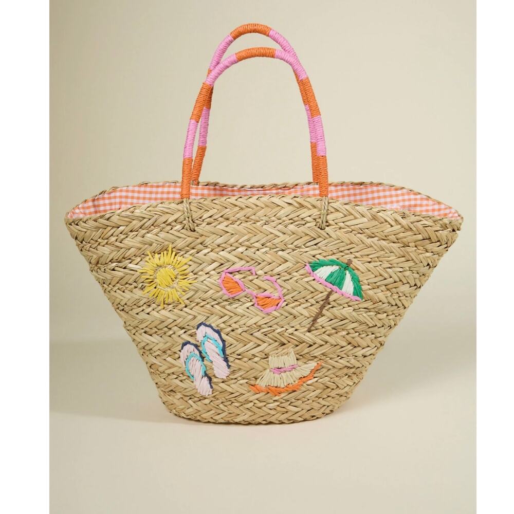 Shiraleah Cabana Straw Beach Tote Bag Woven Seagrass Embroidered Summer Handbag - Picture 4 of 8